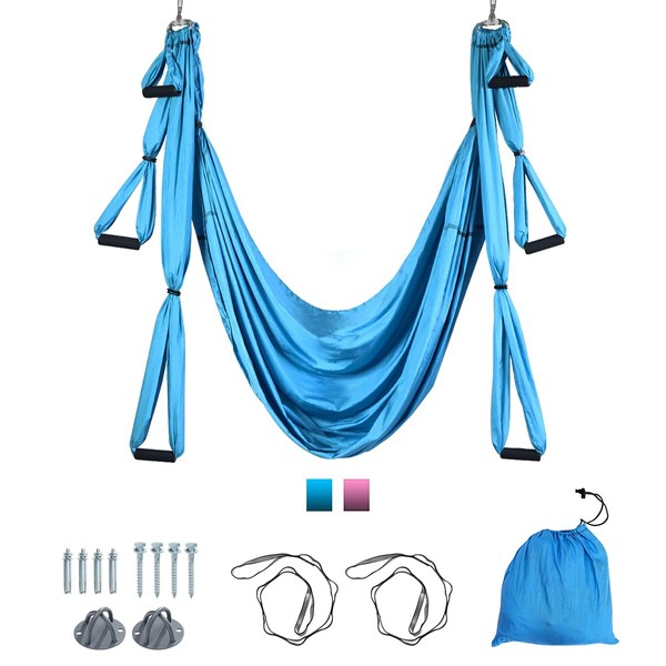 COSTWAY Aerial Yoga Swing Set, Antigravity Yoga Hammock with Carry Bag, 4 Steel Carabiners, 6 Handles, Professional Yoga Flying Strap Sling (Light Blue)