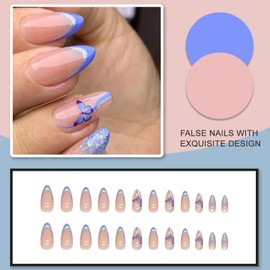 24 Stück Mandel Nägel Zum Aufkleben Kurz, Lila Schmetterling French Falsche Nägel, Oval Glänzend Künstliche Nägel mit Nagelkleber Aufkleber Acryl Fingernägel Fake Nails für Frauen
