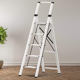 5 Steps Lightweight Aluminum Ladder Folding Step Stool Stepladders with Anti-Slip and Wide Pedal for Home and Kitchen Use Space Saving (Silver)