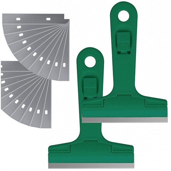 2pack 5.5 inches Industry Glass Scraper Scraping Hand Tool, T Shape Razor Blade Scraper with 20x Blades, Steel Scraping Knife for Window Stove Windshield Aquarium Tile Floor Wall Cleaning (Green)