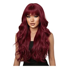 Peluca Rojo Para Mujer Larga Ondulada Flequillos Natural