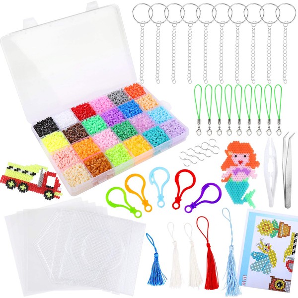 22000PCS 2.6MM Mini DIY Fuse Beads Set 24 Colours, 3 Large Plastic Fuse Beads Pegboards Template Beads Boards, 5 Iron Papers, 2 Tweezers, 15 Key Rings, 15 Hang Cords, Idea Design Booklet
