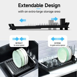 TOOCA BEAR Dish Drying Rack - Small and Efficient Stainless Steels Adjustable Dish Rack with Silicone Drying Tray for Kitchen Counter - Space-Saving Design,Grey