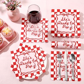 Affrolling 50 Pcs Baby Shower Napkin She's Ready to Pop 2-ply Scalloped Edged Dessert Napkins Folded 5 x 5 Inches Disposable Red Checkerboard Pattern Napkins for Gender Reveal Party Decorations