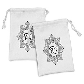 Lunarable Egyptian Print Fabric Pouch Set of 2, Circular and Floral Antique Pattern of Mandala Eye, Small Drawstring Bag for Toiletries Masks and Favors, 9" x 6", White and Black