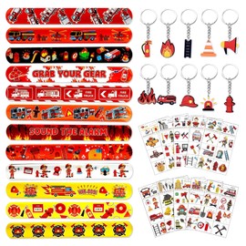 TECHEEL Fireman Party Bags, Fire Brigade Children's Birthday Party Bags with 12 Fire Brigade Snap Bracelets, 10 Fire Brigade Keyrings, 10 Fire Brigade Tattoos, Fire Brigade Toy for Boys Birthday