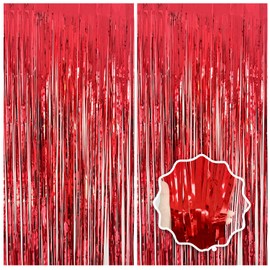 2 Pack Red Streamers Party Backdrop Foil Fringe Curtains Photo Booth Props for Birthday Christmas Wedding Carnival Casino Theme Birthday New Year Holiday Celebration Bachelorette Party Decorations