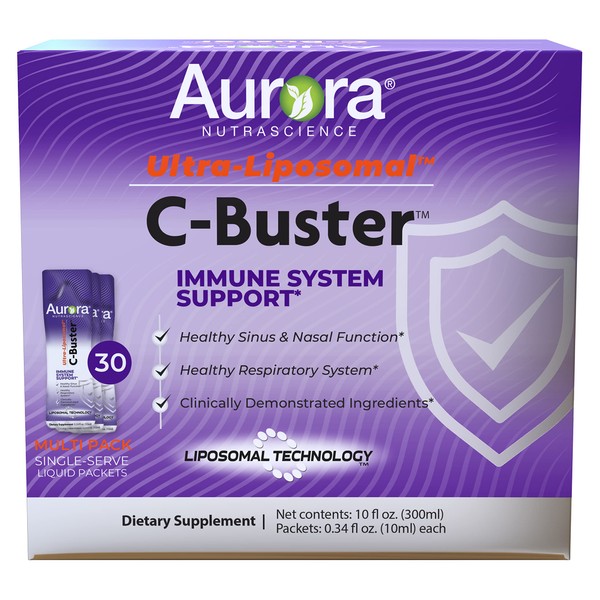 Aurora Nutrascience Ultra Liposomal C-Buster Immune System Support, Vitamin C, Vitamin D, Zinc, Elderberry, Pelargonium, Vitamin K & Ginseng, 30 Packets, 10 ML