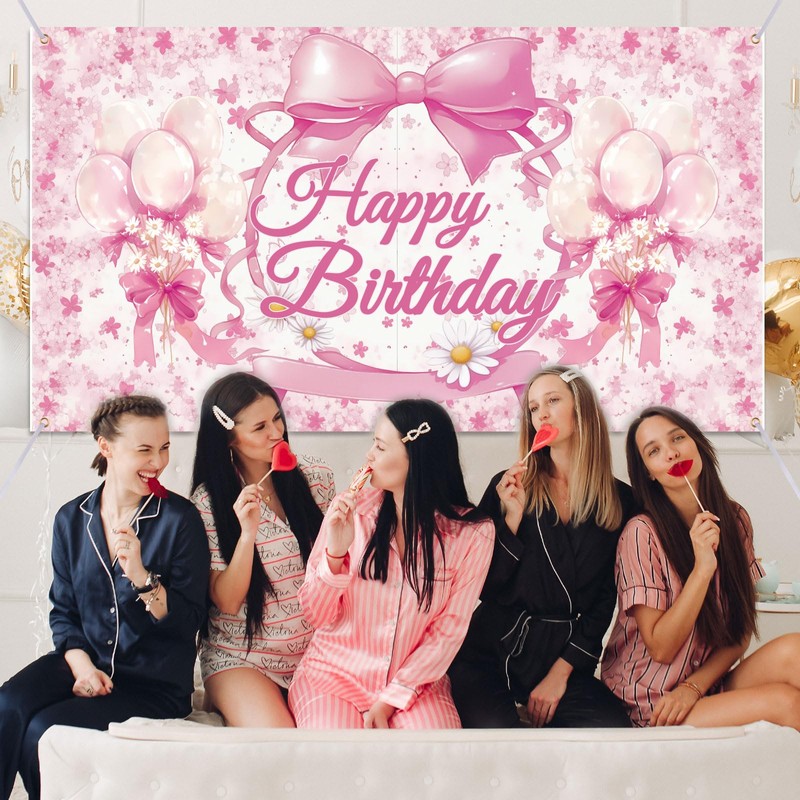 BOXOB Pink Bow Happy Birthday Backdrop, 6x3.6ft Bow Happy Birthday