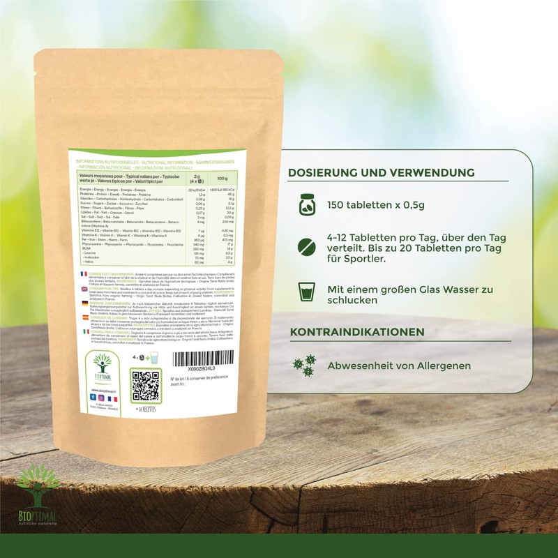 Organic Spirulina - BCAA Iron Vitamin A 65% Protein 17%