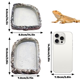 Bearded Dragon Accessories, 2 Pack Reptile Bowl for Feeding and 1 Artificial Plant Decor, Aquarium Habitat Decoration Set for Bearded Dragon, Gecko, Tortoise, Snake, Frog, Other Small Reptile