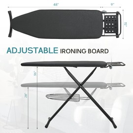 Ironing Board 48x15 in, RAINHOL Large Heavy Duty Ironing Boards Full Size with Pad and Cover, Height Adjustable Iron Stand with Storage Tray and Iron Rest, Black