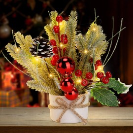 Small Christmas Table Decor with Light - Mini Tabletop Christmas Tree Decorations for Christmas Women Gift, Include Berry Pinecone Greenery Red Balls for Indoor Home Fireplace Desktop