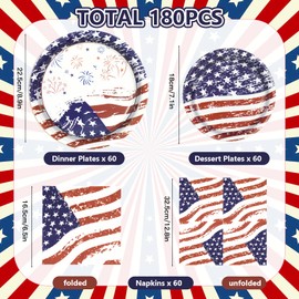 180PCS 4th of July Party Supplies – Patriotic American Flag Paper Plates and Napkins Set, Independence Day Disposable Tableware for BBQ, Picnic, Memorial Day & Veterans Day