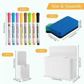 14 Piece Whiteboard Marker Set, 8 Whiteboard Pens Wipe Clean for Children and Teachers, 2 Plastic Pen Holders Magnetic, 4 EVA Whiteboard Sponge, Magnetic for Schools Homes Offices