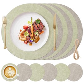 Round Placemats Set of 6 Circle Placemats 13 Inch Faux Leather Heat Resistant Round Table Mats with Coaster, Waterproof Anti-Slip Vinyl Placemat for Indoor & Outdoor Use
