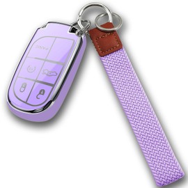 Oimior for Jeep Key Fob Cover with Wristlet Keychain Soft Key Shell Case for Grand Cherokee Renegade Chrysler 200 300 Dodge RAM Durango Challenger Journey Dart Fiat (Silver-Purple, 5 Buttons)