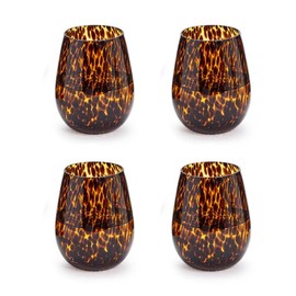 Two's Company Set of 4 Tortoise Print Stemless Wine Glass (16 oz., hand wash only) - Glass