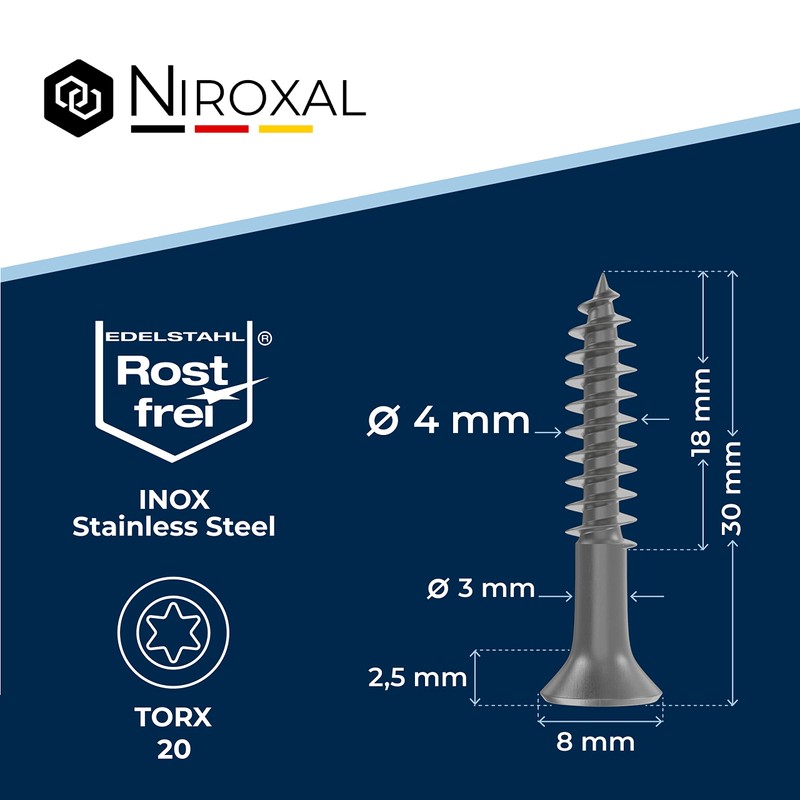 Wood Screws, Torx Screws, Stainless Steel, V2A, Rust-Proof, 4 x
