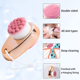 Face Brush 2 in 1, Beomeen Facial Cleansing Exfoliating Brush with Ultra Fine Soft Bristles for Pore Deep Cleansing Silicone Double Side Face Wash Scrub Brush for Skin Care, Gold