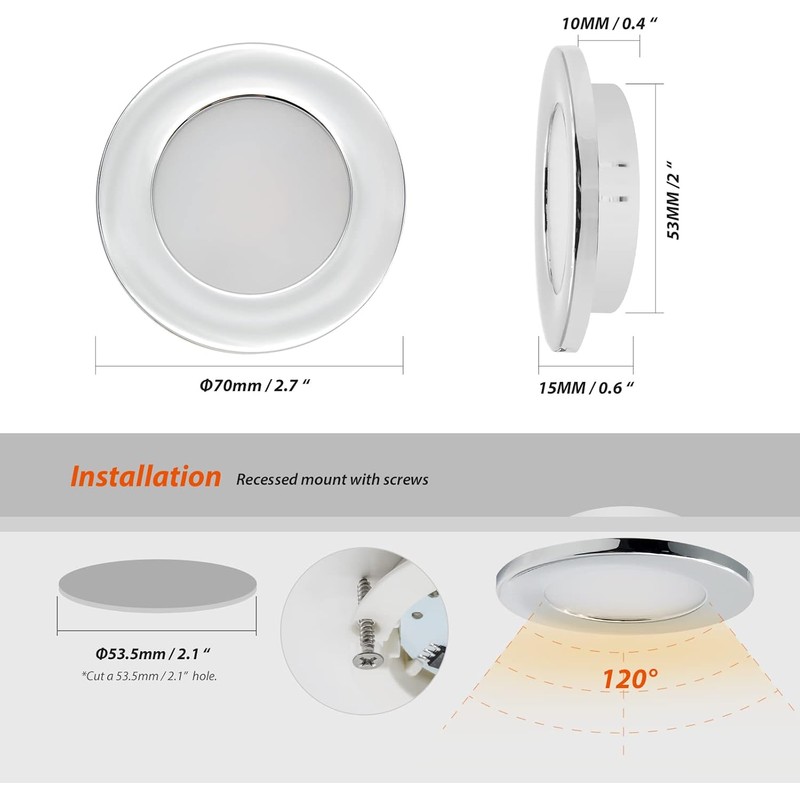 RV Recessed Mount Ceiling Light 2.7”12V Down Light for Camper