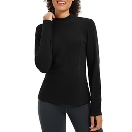 baleaf Women's Thermal Shirts Mock Neck Long Sleeve Fleece Tops Workout Running Athletic Base Layer Warm Cold Weather Black L