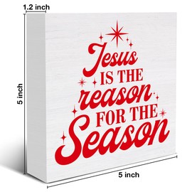 Mukjyuyi Rustic Christmas Wooden Box Sign, 5 x 5 Inches, Jesus Is the Reason for the Season, Christmas Decorative Sign for Home, Office, Bedroom