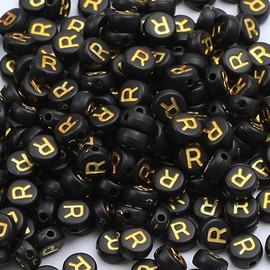XIENBAOFU 100PCS Letter Beads,4X7mm Acrylic Alphabet Beads,Gold Black Letter R Beads Flat Round Alphabet Beads for Jewelry Making Bracelet Necklace Keychain DIY, SKU3023-R