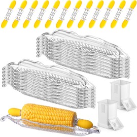 Sliner 38 Pcs Corn Cob Holder and Utensil Set Includes 24 Corn Cob Holders 12 Trays 2 Butter for BBQ Prong Holders, Dishes and Butter Spreader Set