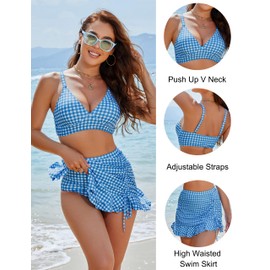 Blooming Jelly Women's High Waisted Bikini Sets Tummy Control Swim Skirt Two Piece Swim Suit 2025 Retro Swimsuit(Blue White Plaid,Large)