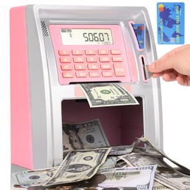 2024 Upgraded Kids Talking ATM Piggy Bank for Real Money with Power-Off Memory, Real Voice Prompt, Auto-Opening Drawer, Onekey Shutdown,Deposit,Withdrawal,Target Setting, Electronic Savings Machine