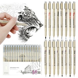 Enodny 16 Pack Micro Pen Set Waterproof Archival Ink Set Black Micro Fine Point Drawing Pens Archival Ink Brush Pen for Painting, Sketching, Writing, and Drawing