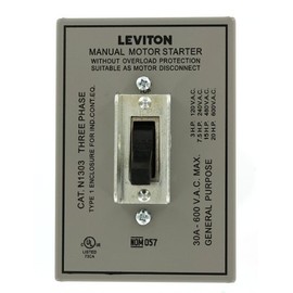 Leviton 30 Amp, 600 Volt, Toggle Three-Pole AC Motor Starter, Suitable as Motor Disconnect, In Type 1 Metal Enclosure, Industrial Grade, Grounded, N1303-DS, Gray