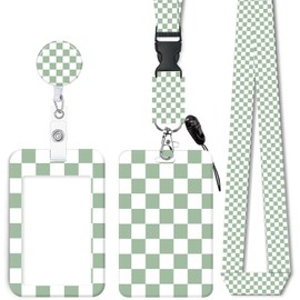 ID Badge Holder with Retractable Lanyard and Keychain, Badge Reel with Rotate Carabiner Clip,Cute Green Checkered Card Name Tag Lanyard ID Protector Bage Clips for Student, Women, Office