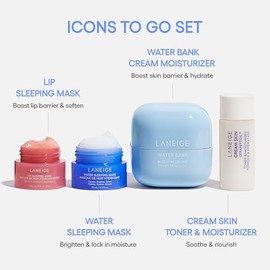 LANEIGE LANEIGE Icons To Go Set: Cream Skin, Water Bank Cream, Lip Sleeping Mask, Water Sleeping Mask, Travel Size, Full Size, Hydrate, Barrier-Boosting