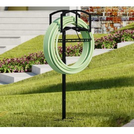 CALIDOLA Garden Hose Holder with Storage Basket - Heavy-Duty Freestanding Hose Organizer, Black Powder-Coated, Detachable Design Holds 150FT Hose, Includes Assembly Tools for Lawn, Yard, and Garden