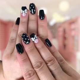 24 Pcs Press On Nails Short, Soft Gel Fake Nails, Glossy, Durable & Reusable, Easy to Apply Glue On Nails for Women By Bows And Knots