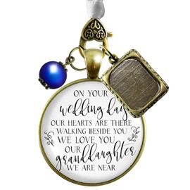 Bouquet Picture Charm in Memory of Grandparents On Your Wedding Day Our Granddaughter Something Blue Bead 1 Photo Frame Vintage Bronze Pendant White Glass Bride's Grandma and Grandpa DIY Template