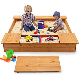 HONEY JOY Kids Sandbox, 49”x47” Cedar Wooden Sand Pit Play Station for Toddlers, 2 Side Removable Boxes, Convertible Bench Seat, Outdoor Sand Boxes for Kids Backyard, Gift for Boys Girls Age 3+