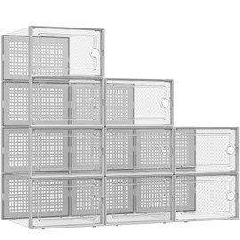 Kuject X-Large Shoe Storage Boxes Organizers Clear Plastic Stackable 9 Pack, Shoe Rack & Holder Substitute, Sneaker Containers, Toy Storage Organizer Bins for Entryway, Closet, Under Bed, Grey