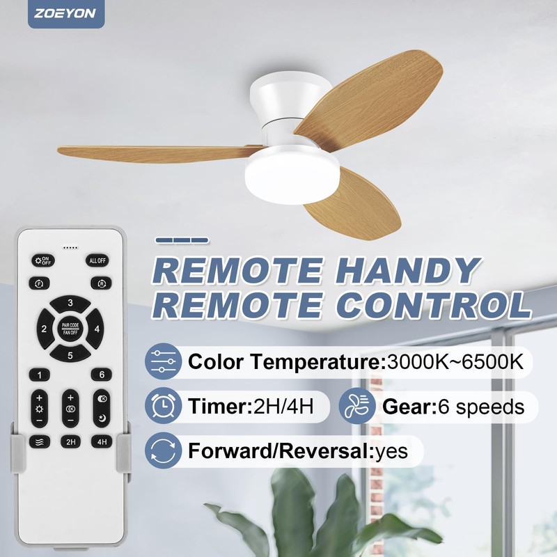 ZOEYON Small White&Wood Ceiling Fan with Light - 35 Inch