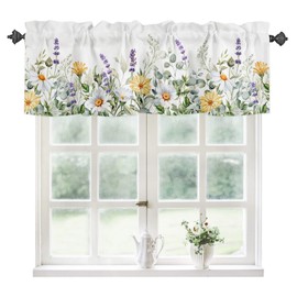 YOKOU Kitchen Curtains Valances, Lavender Daisy Flower Eucalyptus Leaves Watercolor Floral Spring Short Rod Pocket Valances for Windows for Bedroom, Bathroom, 1 Panel, 42" W x 12" L