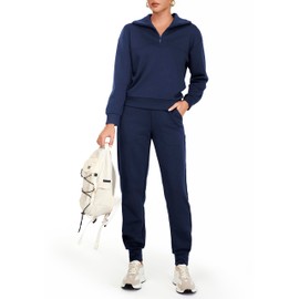 AFITNE Women's 2 Piece Outfits Long Sleeve Tracksuit Casual Lapel Half Zip Sweatshirt Joggers Sweatpants Lounge Matching Set Sweasuits, 30" Navy Blue M