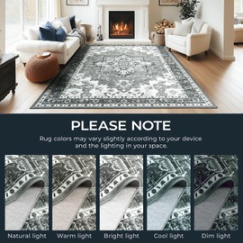 Carpelux 9x12 Area Rugs for Living Room, Machine Washable Non Slip Carpet, Large Vintage Floral Aesthetic Rug, Bedroom Decor, Ash Grey