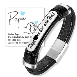 Lwkeay Father's Day Gifts for Dad – Gifts for Dad – Dad Bracelet Leather Black – Engraved Papa Du bist mein Held, Adjustable, Leather, 0