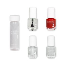 Dazzle Dry Mini Kit 4 Step System - Lit, a semisheer bright red with blue undertones. Semi-sheer, cream. (5 Piece Kit / 5 Manicures)
