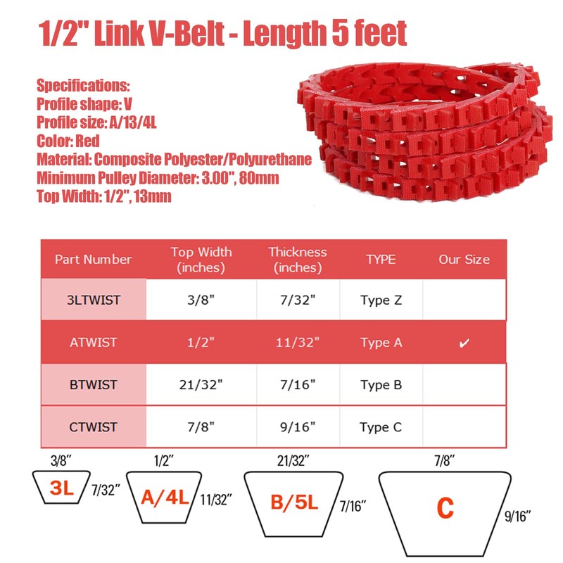 5FT Power Twist V Belt 1/2-Inch x 5 Feet A