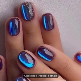 24pcs Aurora Blue Glitter Cat Eye Press On Nails - Starry Sky False Nails for Women and Girls Nail Art Nail Polish Nail Care