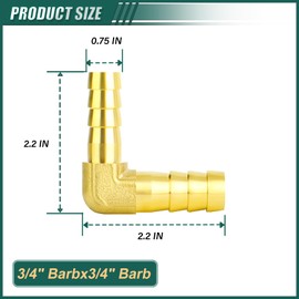 GORAGUCHI 4PCS Brass Hose Barb Reducer, 3/4" Hose ID 90 Degree L Right Angle Elbow, with 12 Hose Clamps for Fuel/Airl/Water/Gas/Oil
