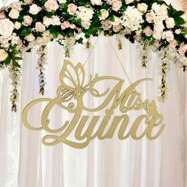 Yuntau Mis Quince Sign Quinceañera Decorations 15th Birthday Quinceañera Party Backdrop Wooden Banner Wall Decor Golden Mis Quince 15th Birthday Gift Wall Bedroom Photo Booth Decor Gift